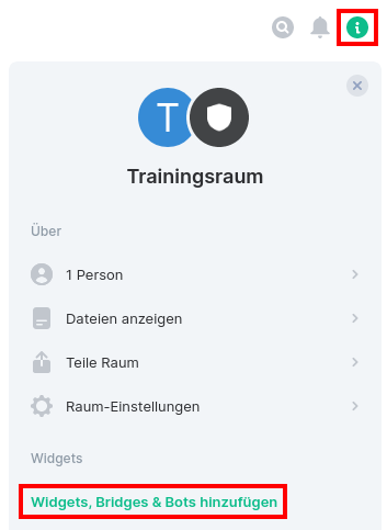 Erklärender Screenshot zur vorangegangen Beschreibung mit Markern auf dem Rauminfo-Button und dem Button zum Hinzufügen von Widgets, Bridgets und Bots