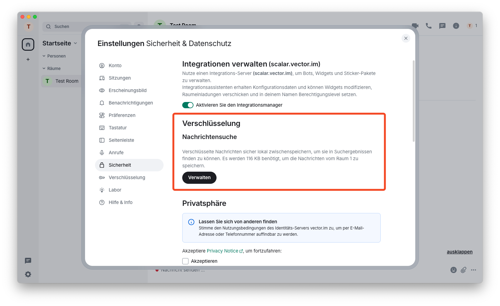 Einstellungsebereich für das Aktivieren der Nachrichtensuche