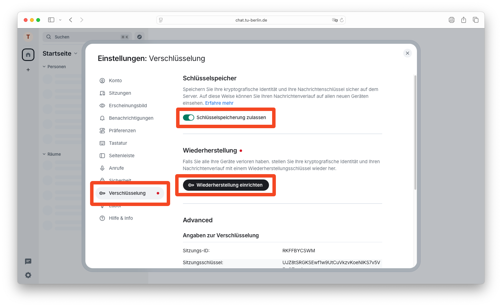 Einstellungen im Reiter &ldquo;Verschlüsselung&rdquo;