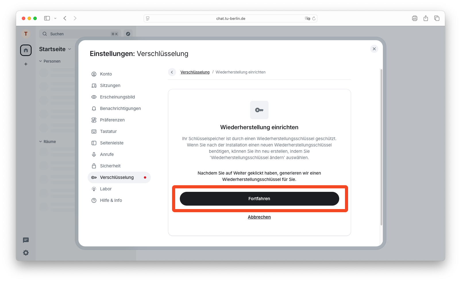Aufforderung Wiederherstellung einzurichten