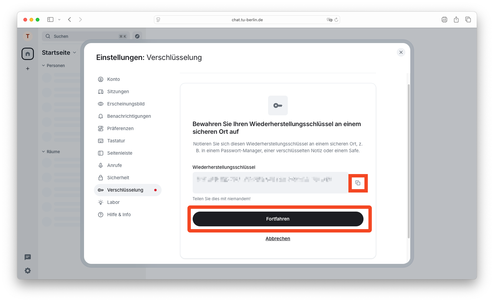 Aufforderung den Schlüssel zu kopieren