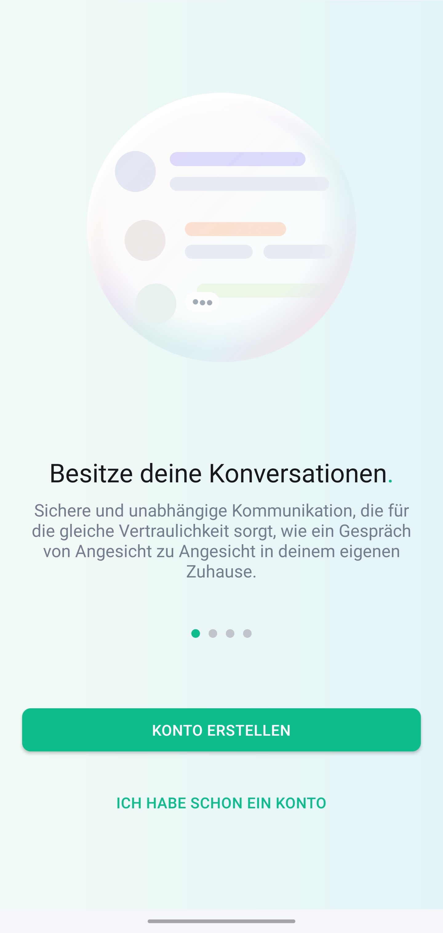 Einrichtungsanzeige der Element-App beim ersten Start. Es werden wischbare Hinweistexte angezeigt und darunter befinden sich die Buttons &ldquo;Konto erstellen&rdquo; und &ldquo;Ich habe schon ein Konto&rdquo;.