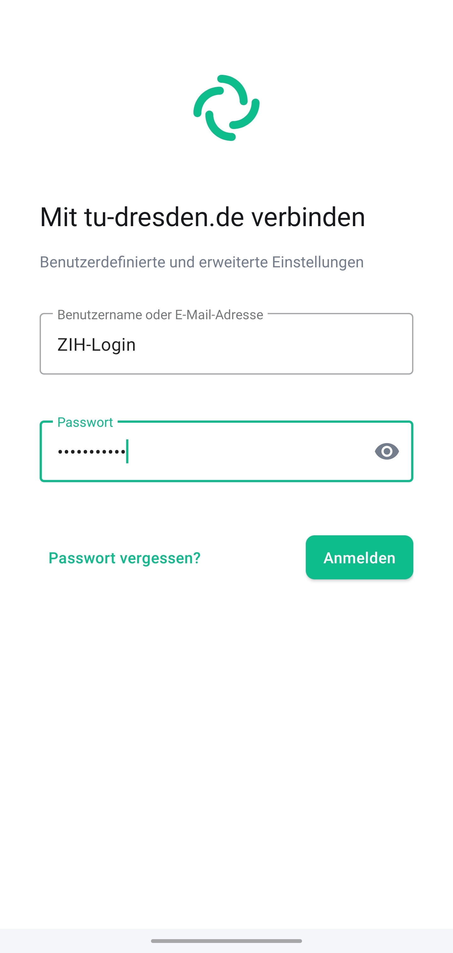 Bildschirm &ldquo;Mit tu-berlin.de&rdquo; verbinden erwartet im Textfeld &ldquo;Benutzername oder E-Mail-Adresse&rdquo; die Eingabe des TUB-Logins und das Textfeld &ldquo;Passwort&rdquo; die Eingabe des TUB-Passworts. Zum Verbinden befindet sich der Button &ldquo;Anmelden&rdquo; auf der Anzeige.