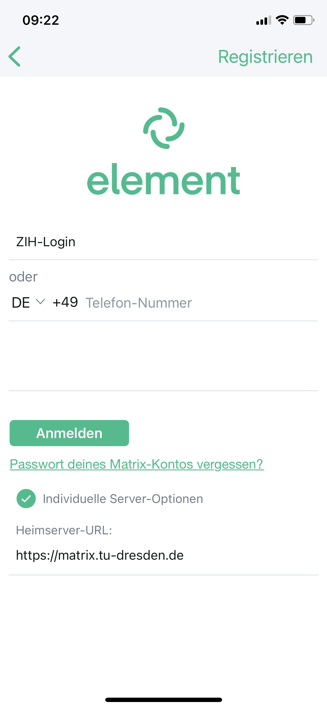 Konfigurationsbildschirm wie in Schritt 2. Die Checkbox &ldquo;Individuelle Server-Optionen&rdquo; ist aktiviert, sodass das Textfeld &ldquo;Heimserver-URL&rdquo; erscheint.